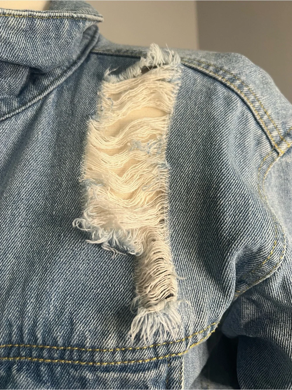 Love Tree Size S Blue Distressed Long Sleeve Denim Jacket Hip Length